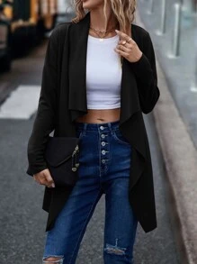 SHEIN LUNE Waterfall Collar Belted Coat - Black - View 4