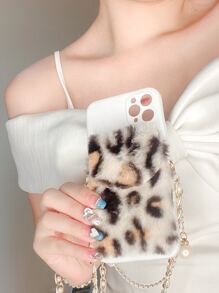 Phone Case With Leopard Fluffy Card Bag & Lanyard - Multicolor - View 3