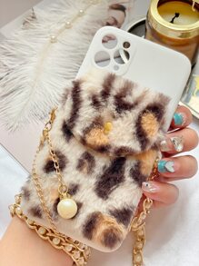 Phone Case With Leopard Fluffy Card Bag & Lanyard - Multicolor - View 6