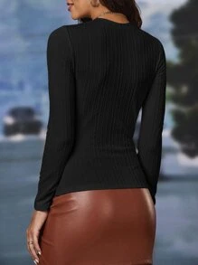 SHEIN Privé Solid Cable Knit Tee - Black - View 2