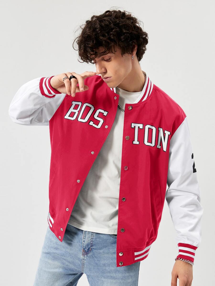Manfinity VCAY Men's Loose Fit Letter Print Varsity Jacket With Striped Trim, For Fall Winter - Red - View 1