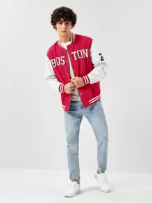 Manfinity VCAY Men's Loose Fit Letter Print Varsity Jacket With Striped Trim, For Fall Winter - Red - View 3