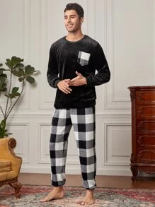 Men Buffalo Plaid Patched Pocket PJ Set / Pajama Set - Black and White - View 1