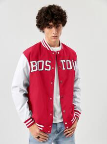 Manfinity VCAY Men's Loose Fit Letter Print Varsity Jacket With Striped Trim, For Fall Winter - Red - View 5