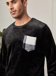 Men Buffalo Plaid Patched Pocket PJ Set / Pajama Set - Black and White - View 3