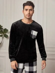 Men Buffalo Plaid Patched Pocket PJ Set / Pajama Set - Black and White - View 4