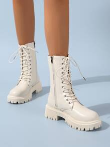 Zip Side Lace-up Front Combat Boots - Beige - View 1