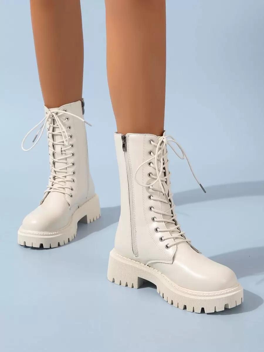 Zip Side Lace-up Front Combat Boots - Beige - View 1