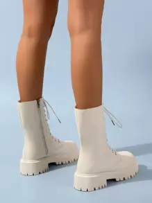 Zip Side Lace-up Front Combat Boots - Beige - View 2