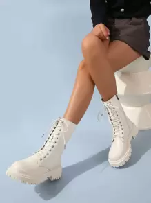 Zip Side Lace-up Front Combat Boots - Beige - View 3