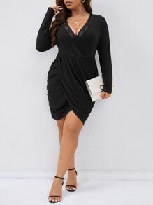 SHEIN Clasi Vestido bajo cruzado con encaje en contraste fruncido - Negro - Ver 6