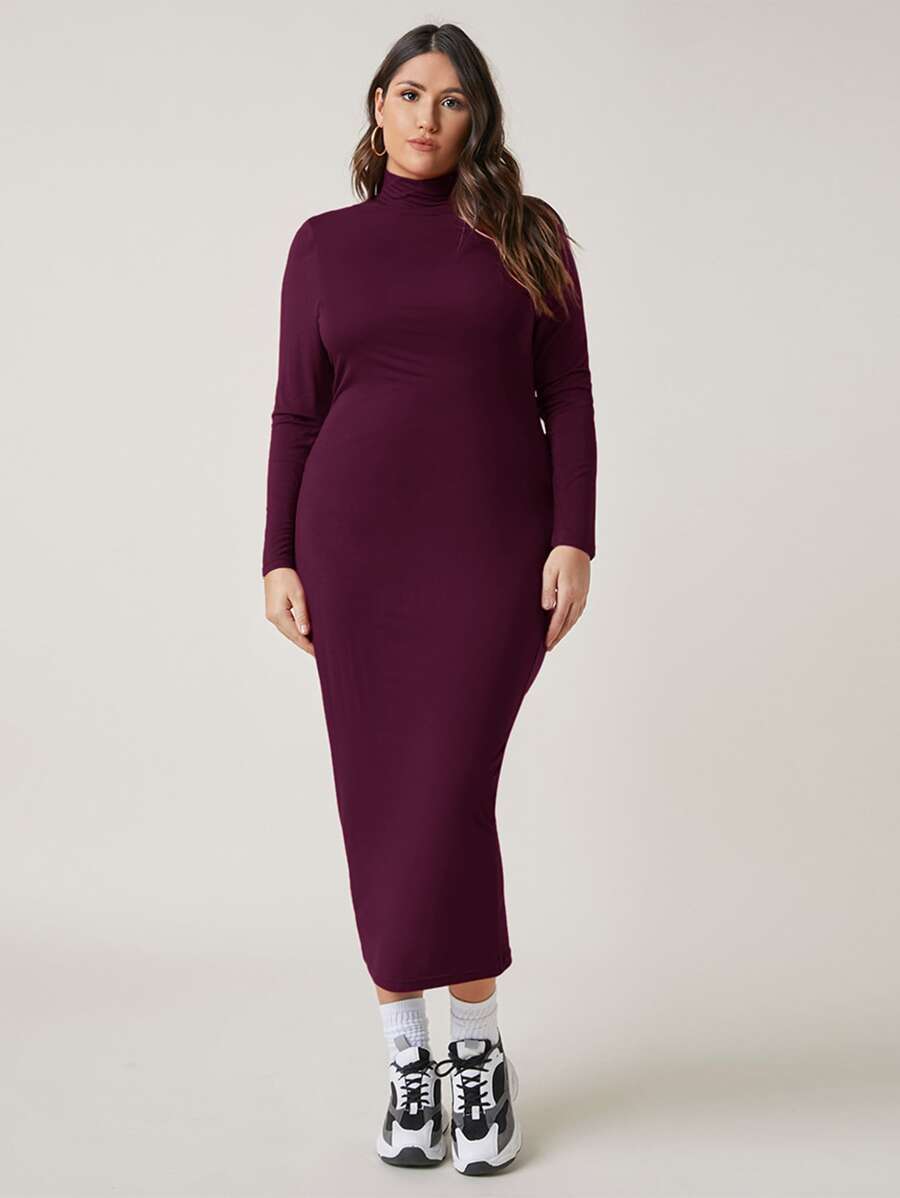 SHEIN BASICS 大碼高領包臀連衣裙 - 紫色 - 查看 1