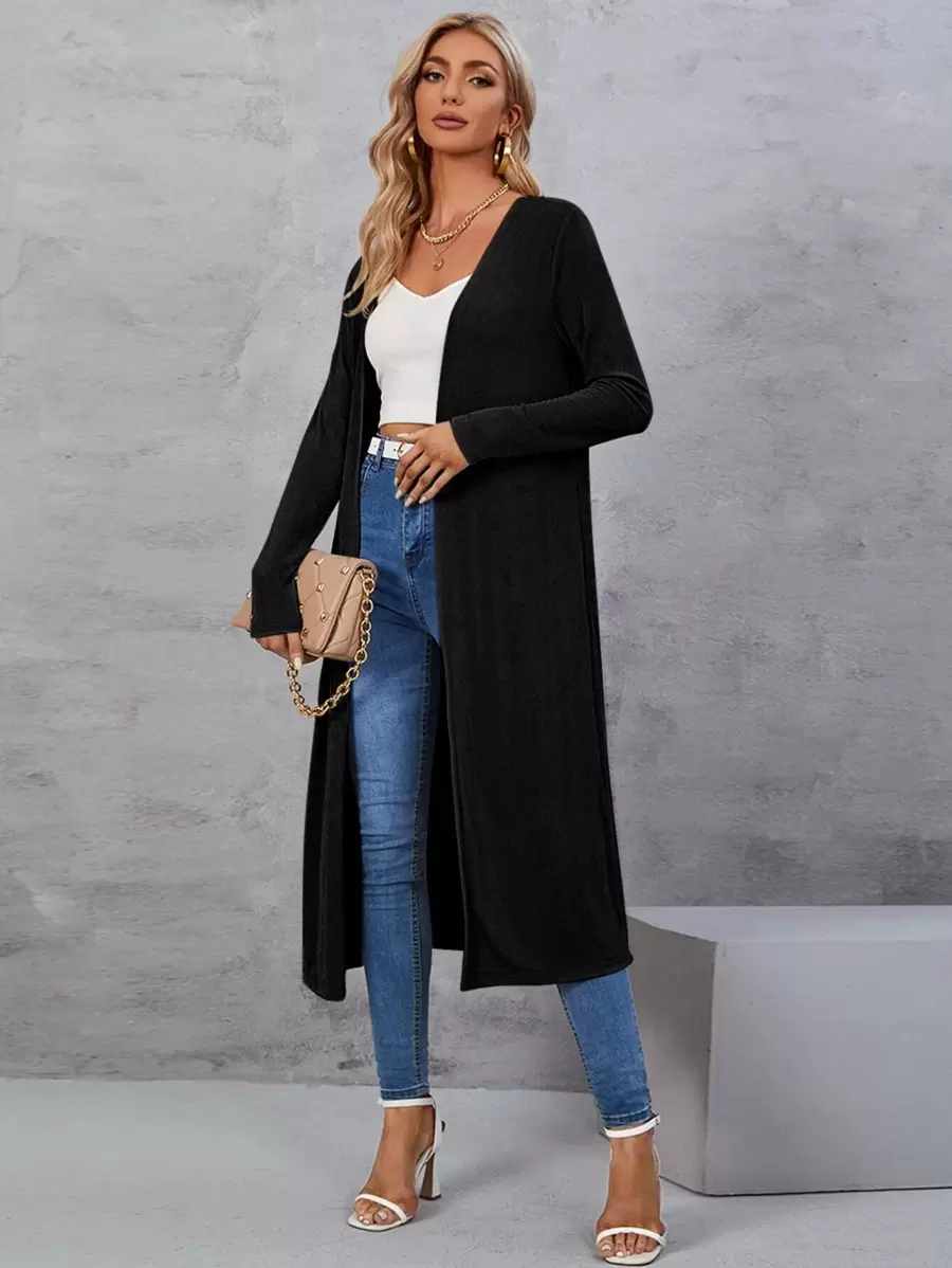 BizChic Women's Long Cardigan Sweater, Open Front Long Sleeve Knit Mid-Length Jacket, Casual Commuter Minimalist Fashion Office Wear, Business Casual Outfit For Teachers - Black - View 1