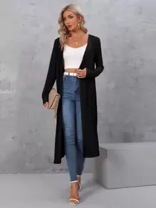 BizChic Women's Long Cardigan Sweater, Open Front Long Sleeve Knit Mid-Length Jacket, Casual Commuter Minimalist Fashion Office Wear, Business Casual Outfit For Teachers - Black - View 3