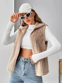 SHEIN EZwear Zip Up Flannel Vest Jacket - Apricot - View 4