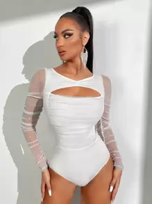 SHEIN SXY Cut Out Contrast Mesh Bodysuit - White - View 1