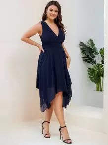 Váy phù dâu có dây kéo bất đối xứng màu trơn thanh lịch có kích thước lớn - Màu xanh hải quân - Xem 5