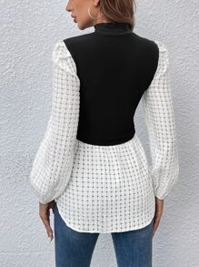 SHEIN Clasi Mock Neck Lantern Sleeve 2 In 1 Top - Black and White - View 2