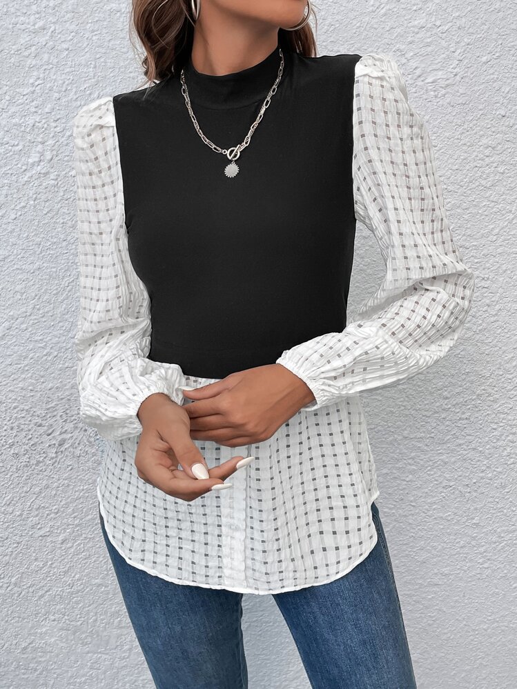 SHEIN Clasi Mock Neck Lantern Sleeve 2 In 1 Top - Black and White - View 3
