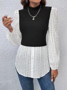 SHEIN Clasi Mock Neck Lantern Sleeve 2 In 1 Top - Black and White - View 4