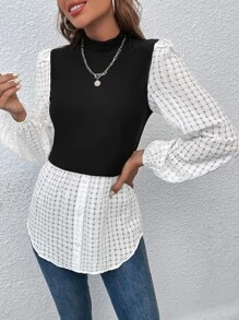 SHEIN Clasi Mock Neck Lantern Sleeve 2 In 1 Top - Black and White - View 5