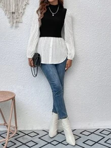 SHEIN Clasi Mock Neck Lantern Sleeve 2 In 1 Top - Black and White - View 6