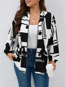 SHEIN LUNE Plus Geo Print Hooded Jacket - Black and White - View 1