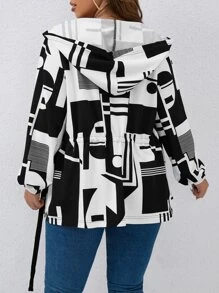 SHEIN LUNE Plus Geo Print Hooded Jacket - Black and White - View 2