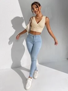 SHEIN Essnce Áo hai dây Trọn gói màu trơn Giải trí - Màu be - Xem 6