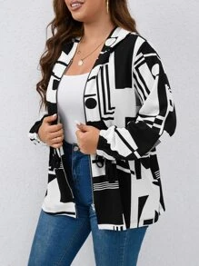 SHEIN LUNE Plus Geo Print Hooded Jacket - Black and White - View 3
