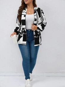 SHEIN LUNE Plus Geo Print Hooded Jacket - Black and White - View 4