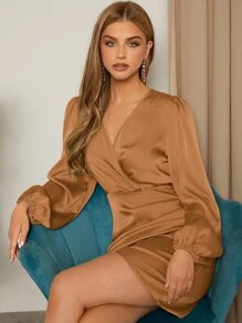 SHEIN Belle 交疊領燈籠袖圍裹式連衣裙 - 棕色 - 查看 6