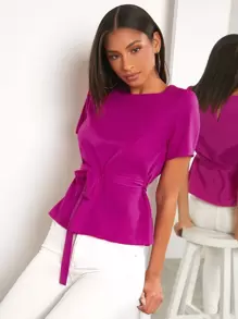 SHEIN LUNE 螢光紅後鎖孔自綁腰帶襯衫 - 玫紅色 - 查看 1