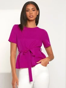 SHEIN LUNE 螢光紅後鎖孔自綁腰帶襯衫 - 玫紅色 - 查看 3