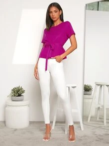 SHEIN LUNE 螢光紅後鎖孔自綁腰帶襯衫 - 玫紅色 - 查看 5