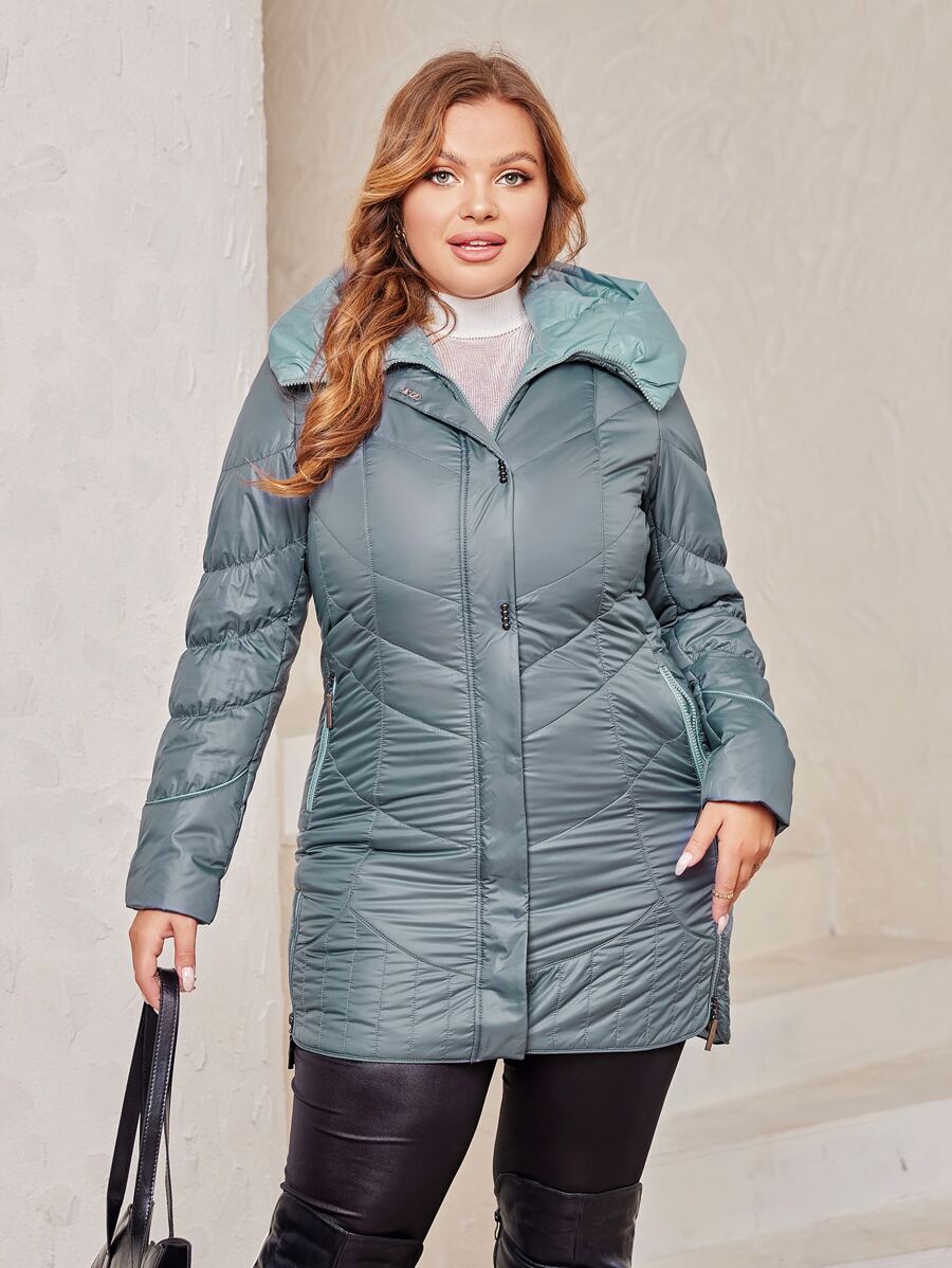 Plus Zip Up Hooded Padded Coat - Dusty Blue - View 1