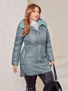 Plus Zip Up Hooded Padded Coat - Dusty Blue - View 3