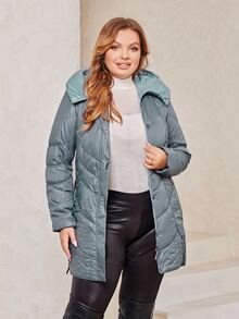 Plus Zip Up Hooded Padded Coat - Dusty Blue - View 4