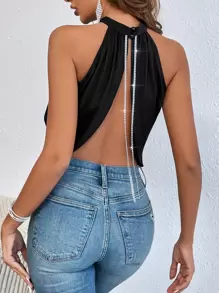 SHEIN Allurite 水鑽鏈條細節露背掛脖上衣 - 黑色 - 查看 3