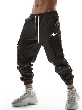 Street Life Guys Lightning Print Flap Pocket Drawstring Waist Cargo Pants