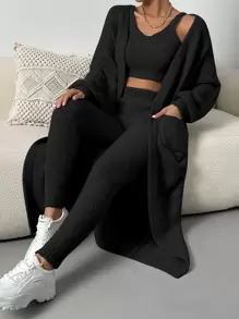SHEIN ChicEase Áo len nữ kết hợp Túi màu trơn Giải trí - màu đen - Xem 1