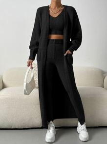 SHEIN ChicEase Áo len nữ kết hợp Túi màu trơn Giải trí - màu đen - Xem 6