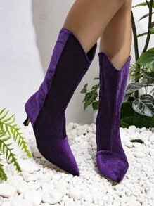 Velvet Point Toe Stiletto Heeled Classic Boots - Purple - View 2
