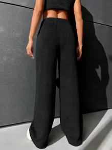 SHEIN EZwear 高腰法蘭絨直筒褲 - 黑色 - 查看 2