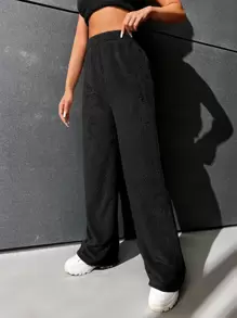 SHEIN EZwear 高腰法蘭絨直筒褲 - 黑色 - 查看 3