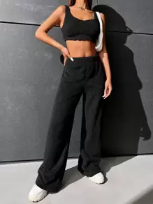 SHEIN EZwear 高腰法蘭絨直筒褲 - 黑色 - 查看 4