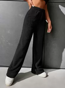 SHEIN EZwear 高腰法蘭絨直筒褲 - 黑色 - 查看 5