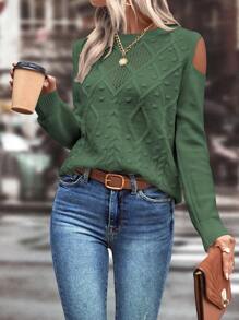 SHEIN LUNE Cold Shoulder Cable Knit Jumper - Dark Green - View 3