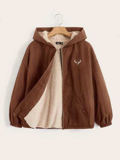 Plus Antler Print Teddy Lined Hooded Jacket, For Winter Fall Autumn