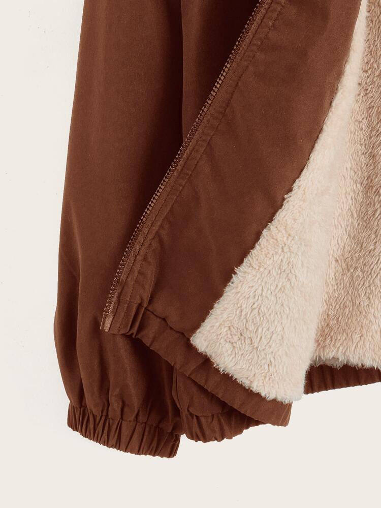 Plus Antler Print Teddy Lined Hooded Jacket, For Winter Fall Autumn